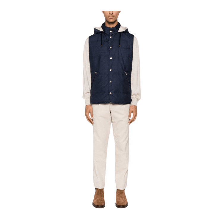 <tc>Brunello Cucinelli</tc> เสื้อแจ็คเก็ตขนเป็ดแขนกุดมีฮู้ดสำหรับผู้ชาย