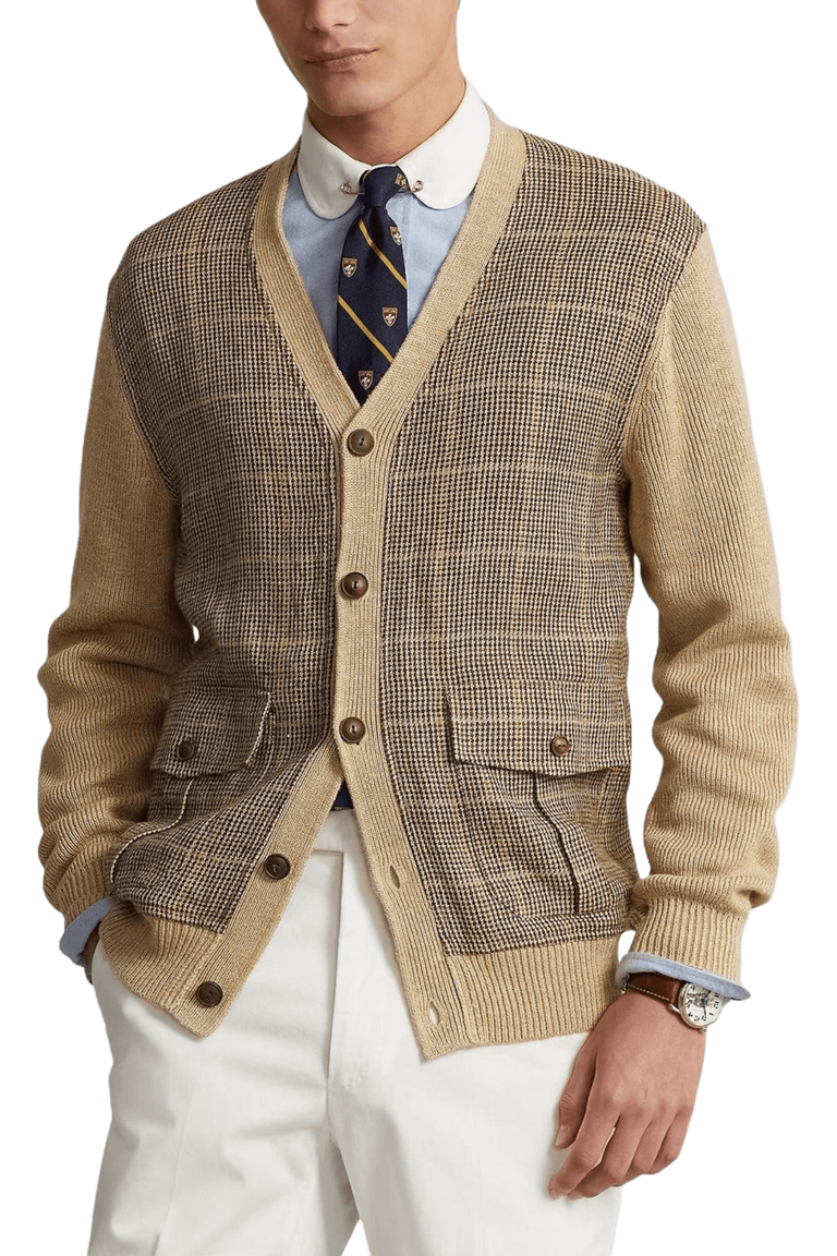 Ralph Lauren Men's Glen a cuadros Cárdigan de lino con paneles a cuadros